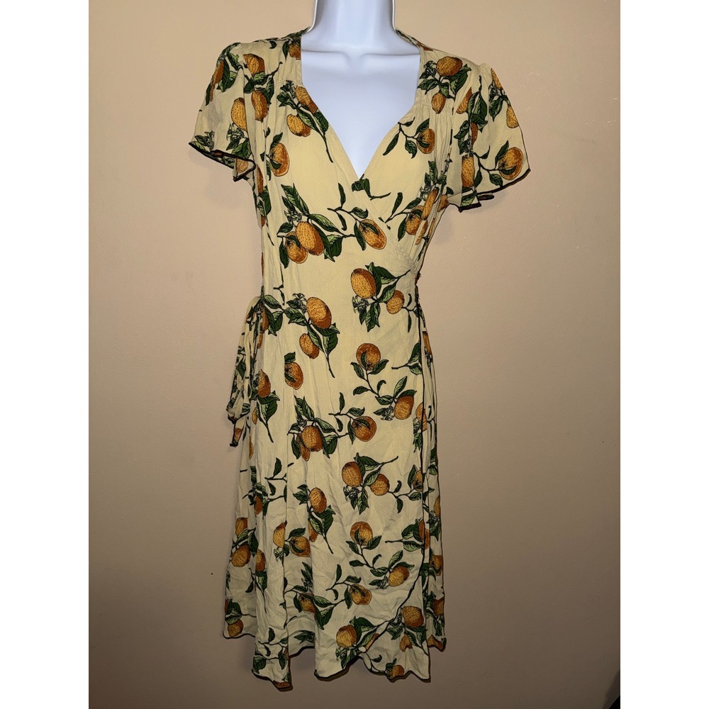 Loco Lindo Yellow Citrus Fruit Wrap Dress Short Flutter Sleeve S Feminine Picnic